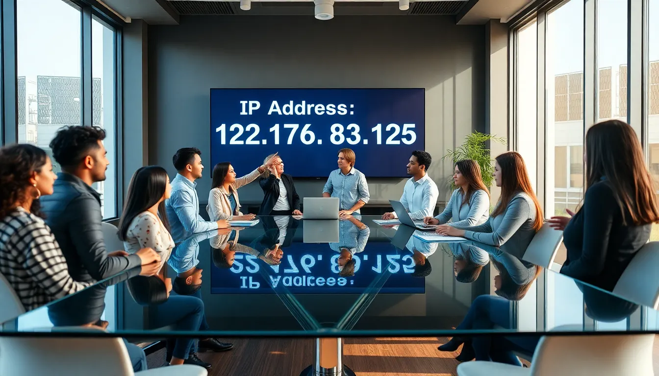diverse IT team discussing IP addresses in a modern office.